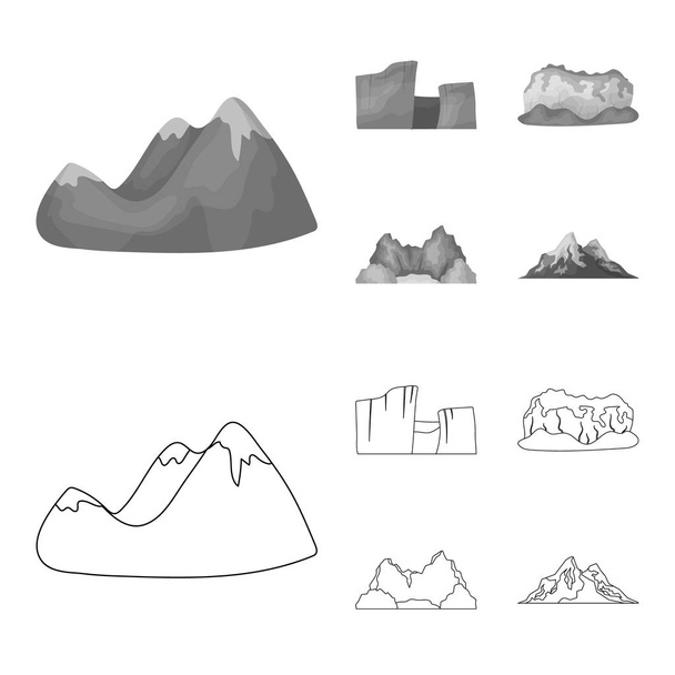 Green mountains with snow tops, a canyon, rocks with forests, a lagoon and rocks. Different mountains set collection icons in outline,monochrome style vector symbol stock illustration web. - Vetor, Imagem