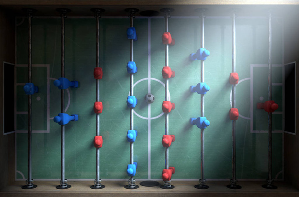 Una mirada de primer plano de las figurillas de una mesa de futbolín iluminada por una iluminación dramática - 3D render
 - Foto, imagen