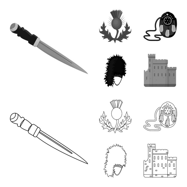 National Dirk Dagger, Thistle National Symbol, Sporran,glengarry.Scotland set collection icons in outline,monochrome style vector symbol stock illustration web. - Vector, Image