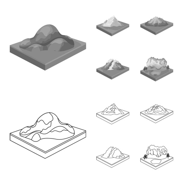 Mountains, rocks and landscape. Relief and mountains set collection icons in outline,monochrome style isometric vector symbol stock illustration web. - Vektör, Görsel