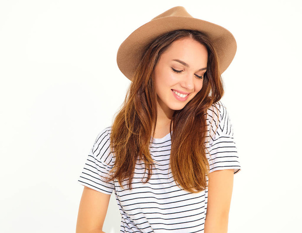 Portrait of young stylish girl model in casual summer clothes in brown hat with natural makeup isolated on white background - Φωτογραφία, εικόνα