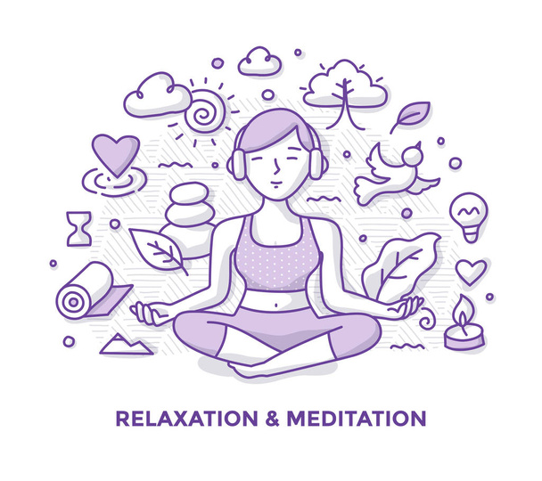 Illustration of woman, meditating in lotus pose, listening to music with headphones and relaxing. Mindfulness and meditation doodle concept - Vector, Image