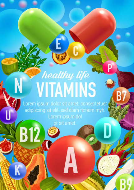 Vektori juliste vihanneksia ja hedelmiä vitamiineja
 - Vektori, kuva