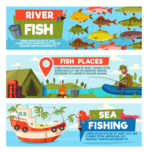 Pescatore vettoriale sulla pesca cartoni animati striscioni
 - Vettoriali, immagini