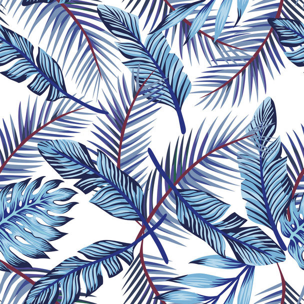 Blue exotic tropical palm leaves monstera seamless pattern white background - Vetor, Imagem