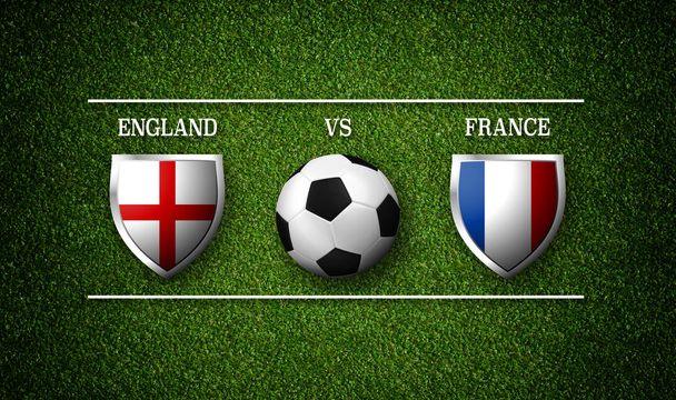 Ποδοσφαιρικό αγώνα χρονοδιάγραμμα, vs Αγγλία Γαλλία, σημαίες χωρών και ποδόσφαιρο μπάλα - 3d rendering - Φωτογραφία, εικόνα