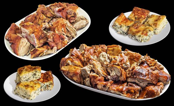 Piatti con carne di maiale arrosto di sputo fresco e tenera fette di torta di formaggio spinaci isolate su sfondo nero
 - Foto, immagini