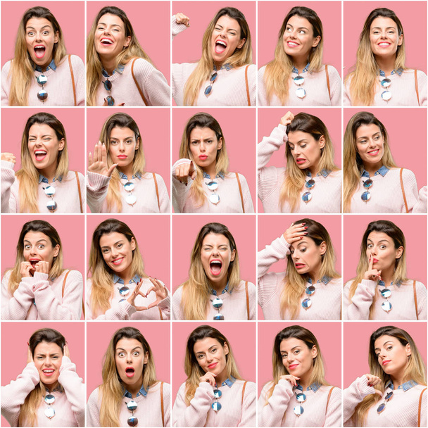 Young woman, diferent emotions collage over vintage pink background - Photo, Image