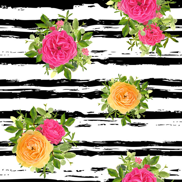 Seamless striped style floral pattern with garden flower yellow and pink roses, green leaves. Trendy decorative backdrop. Vector illustratio - Vector, imagen