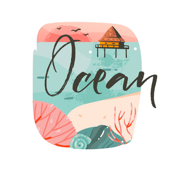 Χέρι διανυσματικά αφηρημένη γελοιογραφία θερινή ώρα γραφικές απεικονίσεις πρότυπο υπόβαθρο λογότυπο του σχεδιασμού με ωκεανό παραλία τοπίο, ροζ ηλιοβασίλεμα και παραλία καμπίνα σπίτι με ωκεανό τυπογραφία κείμενο - Διάνυσμα, εικόνα