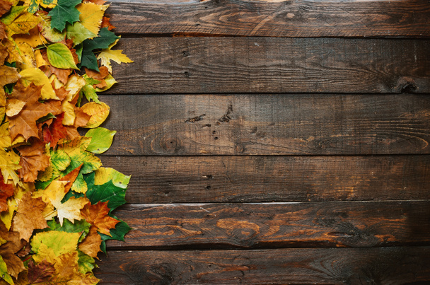 Autumn yellow red green leafs border frame on dark brown barn wood planks background. Horizontal postcard template. Empty space for copy, text, lettering. - Photo, Image