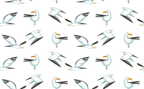 Hand drawn vector abstract cartoon summer time graphic illustrations artistic seamless pattern with flying sea gulls birds on beach isolated on white background - Vector, Image