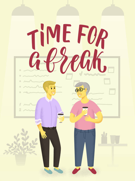 Time for a break illustration with office male characters drinking coffee and chatting. - Vektor, Bild