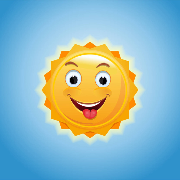 Mavi gökyüzü gülümseyen güneş. Neşeli bir küçük güneş ışığı bir dili gösterir. Neşeli antropomorfik güneş. Vektör çizim - Vektör, Görsel