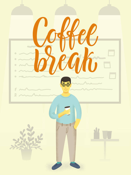 Office boy character hanging cup of coffee and smiling. Time for a break illustration. - Vektor, Bild