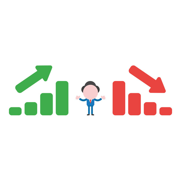 Vector illustration businessman character between sales bar charts moving up and down. - Vector, Image