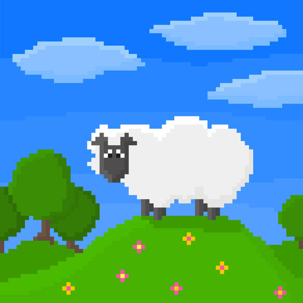 かわいいピクセル羊が丘の上に立っています。木、空、雲の背景に。明るい 8 ビット ベクトル図.  - ベクター画像