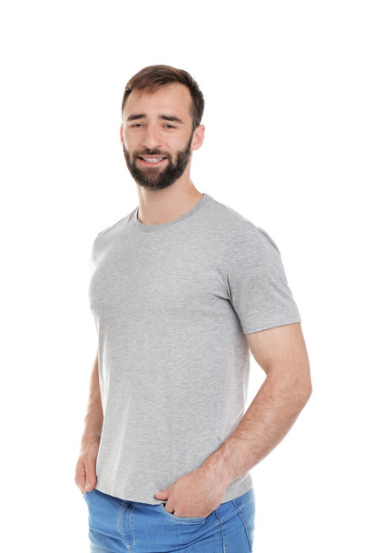 Young man in t-shirt on white background. Mockup for design - Fotografie, Obrázek