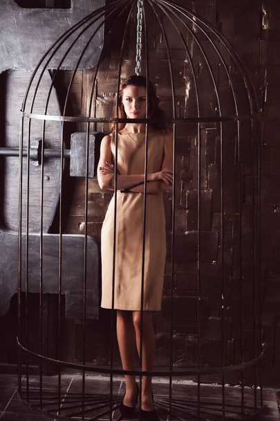 beautiful brunette in cage - Φωτογραφία, εικόνα