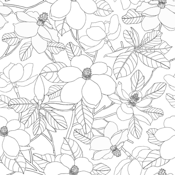 Seamless pattern with magnolia flowers and leaves. Floral vector - Vektör, Görsel