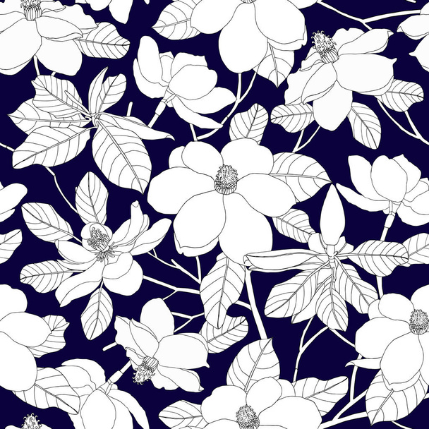 Seamless pattern with magnolia flowers and leaves on blue backgr - Вектор, зображення