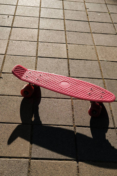 Gros plan de la planche à roulettes rose sur rue au lever du soleil. Planche à roulettes colorée penny
 - Photo, image