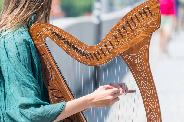 młoda kobieta gra harfa - Zdjęcie, obraz