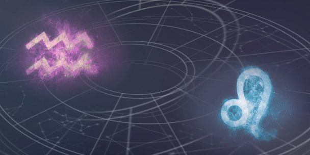 Aquarius und Leo Horoskop Zeichen Kompatibilität. Nachthimmel abstrakter Hintergrund. - Foto, Bild