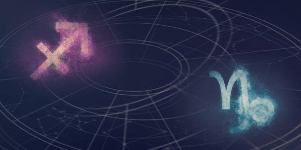 Sagittarius und Steinbock Horoskop Zeichen Kompatibilität. Nachthimmel abstrakter Hintergrund. - Foto, Bild