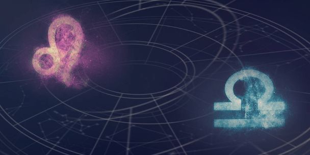 Horoscope Leo et Balance signe la compatibilité. Ciel nocturne Contexte abstrait
. - Photo, image