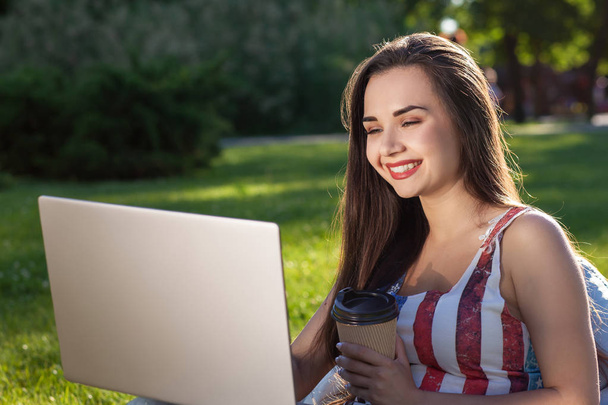 Kaunis nuori nainen istuu papu laukku käyttää kannettavaa tietokonetta, kun lepää ruoho puistossa auringossa
 - Valokuva, kuva
