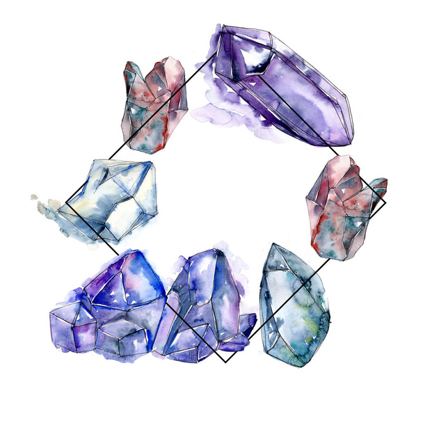 Blauwe diamant rock sieraden mineraal. Frame grens ornament vierkant. Geometrische kwarts veelhoek kristallen stenen mozaïek vorm amethyst gem. - Foto, afbeelding