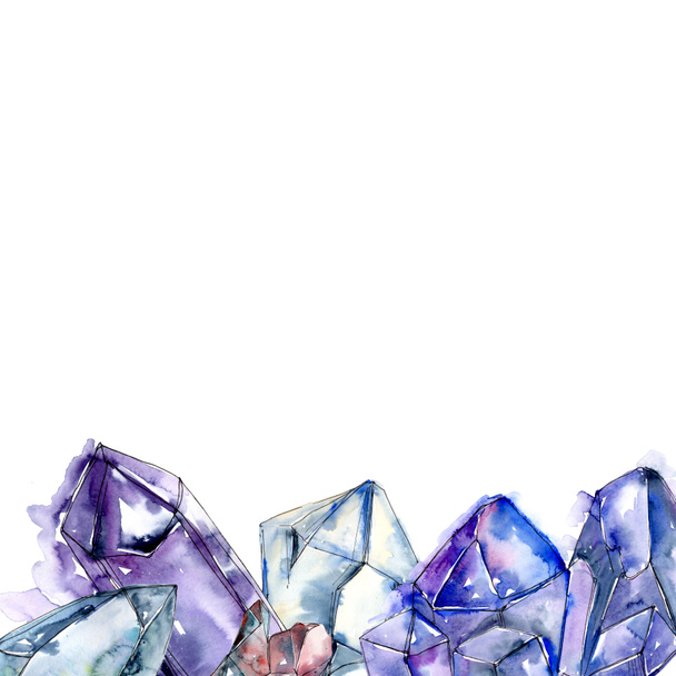 Μπλε διαμάντι ροκ κοσμήματα μεταλλικό. Πλατεία στολίδι περίγραμμα πλαισίου. Γεωμετρικά χαλαζία πολύγωνο κρύσταλλο πέτρα μωσαϊκό σχήμα Αμέθυστος πολύτιμος λίθος. - Φωτογραφία, εικόνα