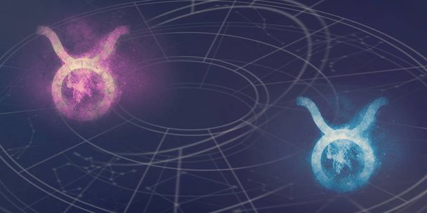 Stier und Stier Horoskop Zeichen Kompatibilität. Nachthimmel abstrakter Hintergrund. - Foto, Bild