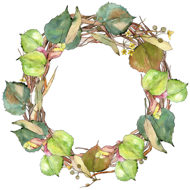 Linden leaves in a watercolor style. Frame border ornament square. Aquarelle leaf for background, texture, wrapper pattern, frame or border. - Фото, изображение