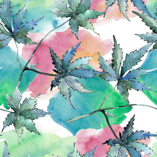 Zöld cannabis levelek akvarell stílusú. Varratmentes háttérben minta. Szövet nyomtatási textúrát. Az Aquarelle levél a háttér textúra, burkoló minta, keret vagy határ. - Fotó, kép