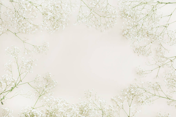 Frame of white gypsophila flower bouquet pattern. Flat lay, top view festive mock up background. - Foto, imagen