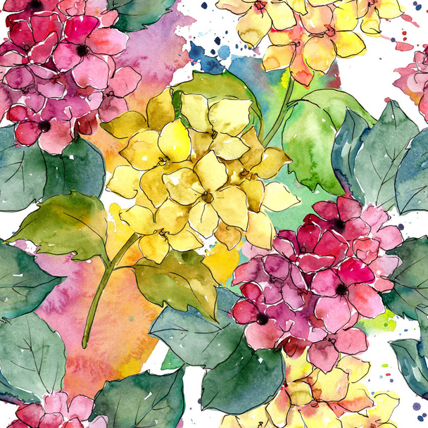 Kleurrijke hortensia bloem in een aquarel stijl. Naadloze achtergrondpatroon. Volledige naam van de plant: Hortensia. Aquarelle wildflower voor achtergrond, textuur, wrapper patroon, frame of rand. - Foto, afbeelding
