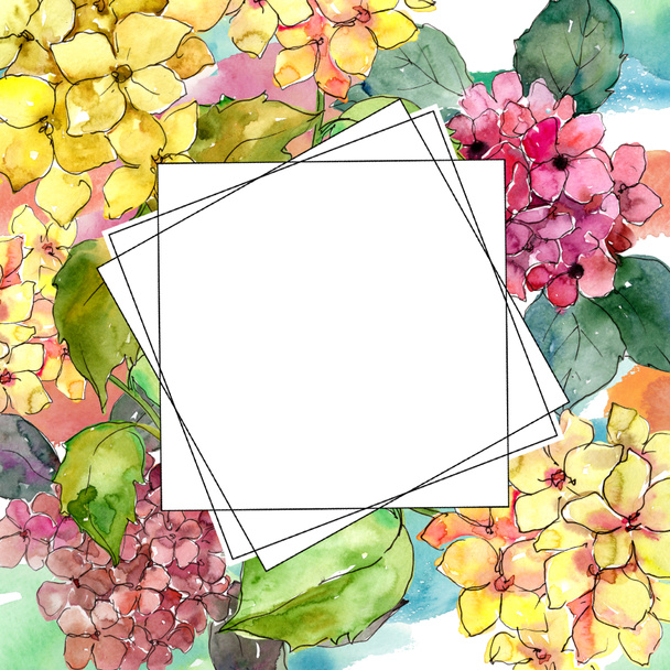 Kleurrijke hortensia bloem in een aquarel stijl. Frame grens ornament vierkant. Volledige naam van de plant: Hortensia. Aquarelle wildflower voor achtergrond, textuur, wrapper patroon, frame of rand. - Foto, afbeelding