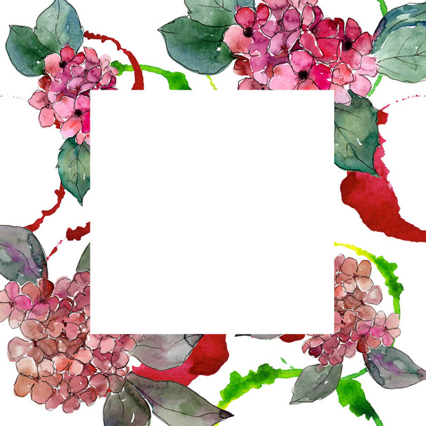 Színes Hortenzia virág akvarell stílusú. Test határ Dísz tér. A növény neve: Hortenzia. A háttér textúra, burkoló minta, keret vagy határ Aquarelle vadvirág. - Fotó, kép