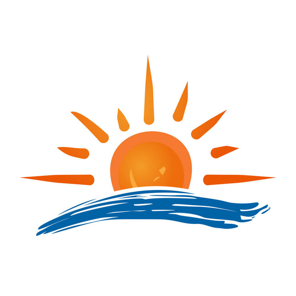 Aurinko ja meri logo kuvake. Käsintehty grunge kuvake eristetty valkoisella taustalla. Auringonnousu meren yllä. Muokkauskelpoinen vektorikuva
 - Vektori, kuva