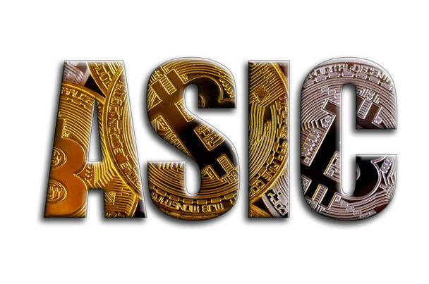 ASIC. The inscription has a texture of the photography, which depicts several bitcoins. - Photo, Image