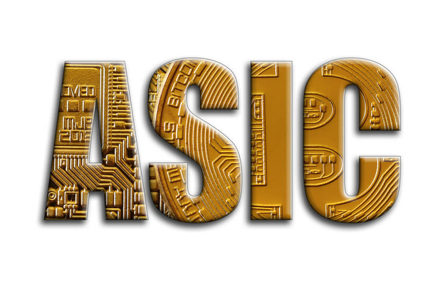 ASIC. Η επιγραφή έχει μια υφή της φωτογραφίας, που απεικονίζει διάφορα bitcoins. - Φωτογραφία, εικόνα