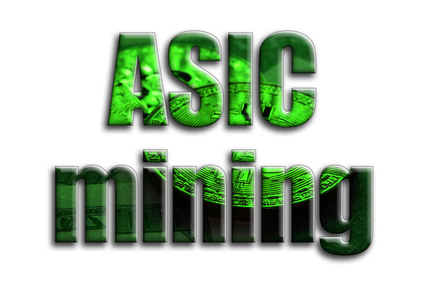 ASIC mining. The inscription has a texture of the photography, which depicts several bitcoins on a dollar bills. - Photo, Image