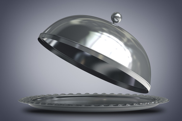 open empty metal silver platter or cloche with space to place object isolated on white background 3d render - Valokuva, kuva
