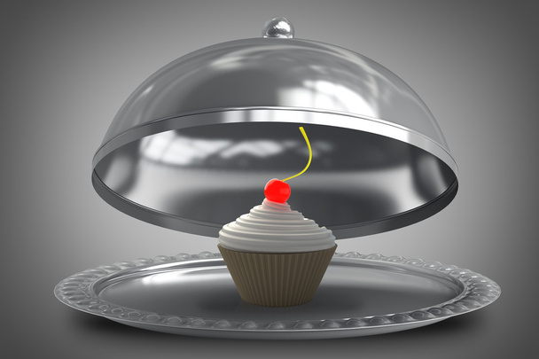 open metal silver platter or cloche with cup-cake creme fraiche and cherry 3d render High resolution - Fotografie, Obrázek