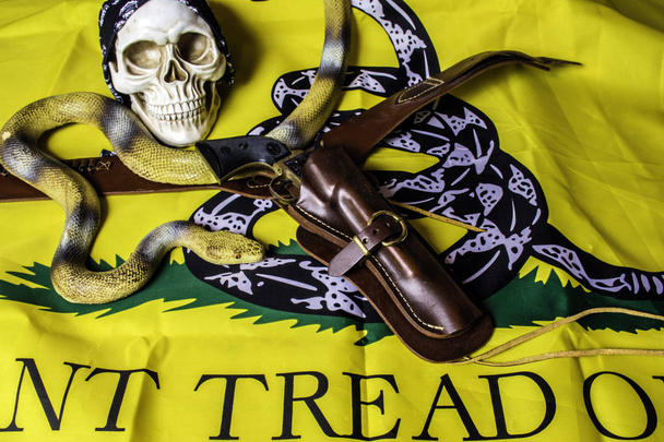 menselijke schedel met zwarte schedel GLB, lederen holster met zwarte revolver en grote gele slang op geen loopvlak op me vlag - Foto, afbeelding
