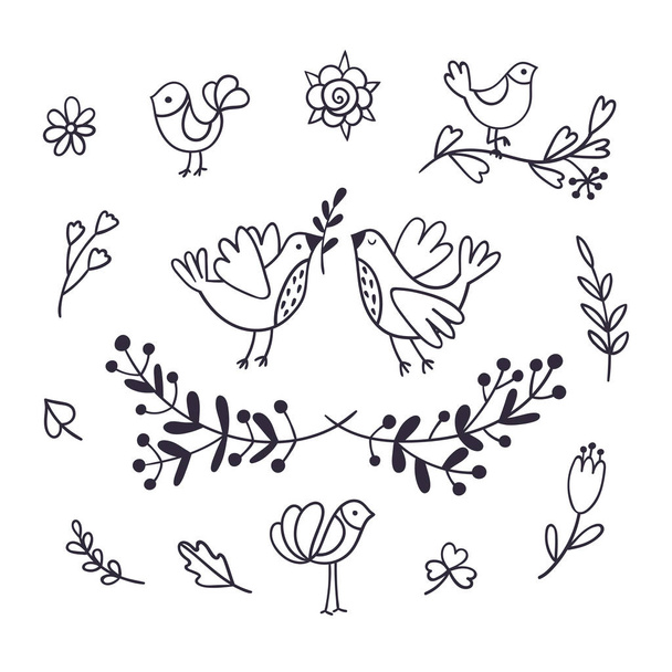 Set of lovely doodle icons. Hand-drawn birds, leaves and flowers. Wedding decor vector clipart. - Вектор, зображення