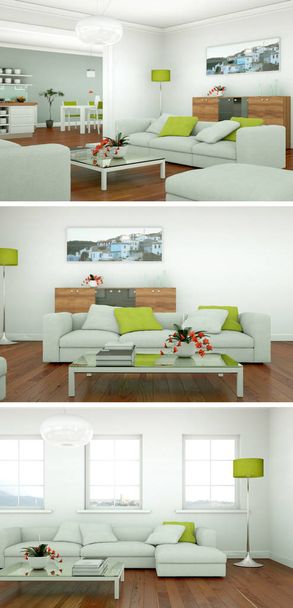 Tres variaciones de color de un diseño interior loft moderno
 - Foto, Imagen