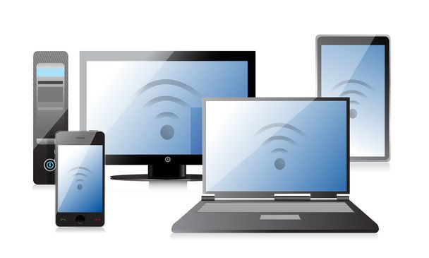 Computer, Laptop Tablet and Phone with connection - Φωτογραφία, εικόνα